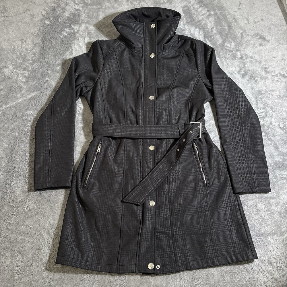 XOXO Women's Black Belted Trench Coat Large Full Zip Button Up Jacket